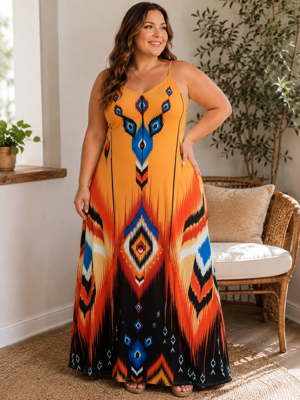Orange Tribal South Western Print Maxi Dress New Size 16/18